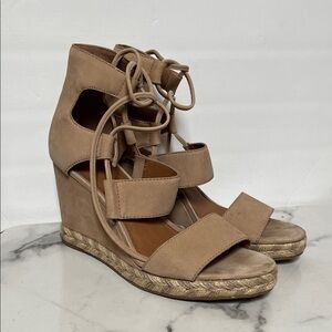 Frye Tan Lace-Up Wedge Sandals